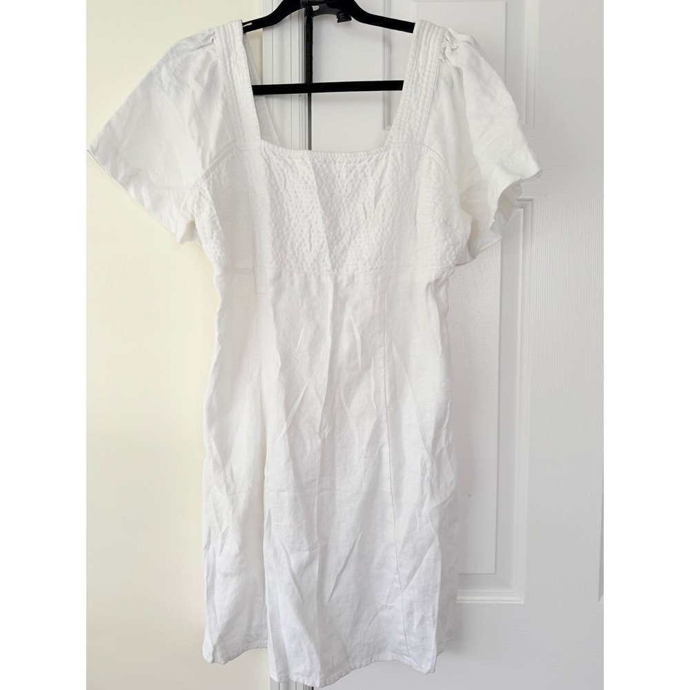 Madewell White Linen Blend Smocked Mini Dress Open Back Flutter Sleeve Size 10